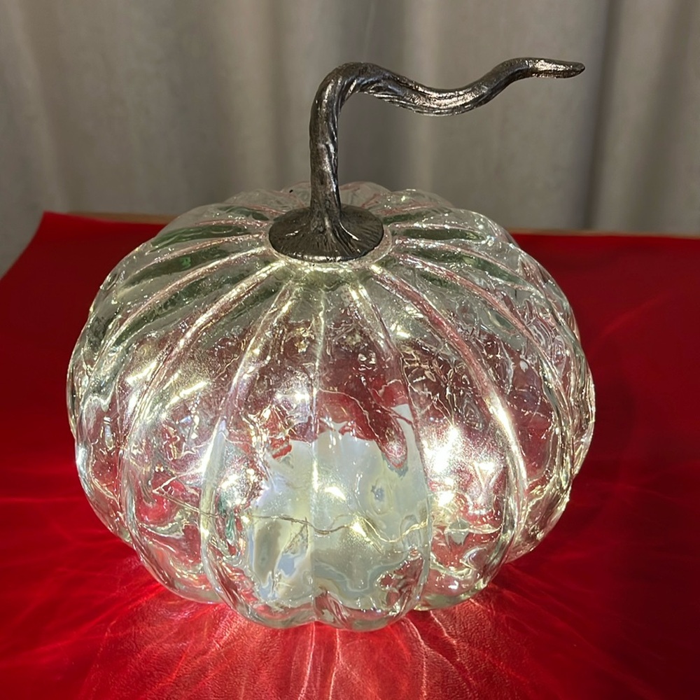 Lighted LED Clear Bubble Glass Pumpkin Whimsical Silver Metal Stem Fall 7" Decor